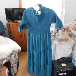 JESSAKAE DRESS-WANDERING WILLOUGHBY-TIERED-MIDI-DARK TEAL-SIZE MED-EXCELLENT!